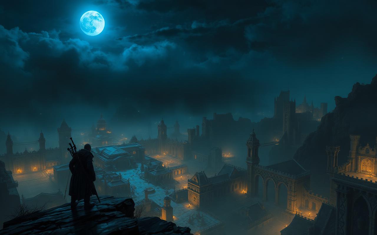 Dark fantasy scene of a lone armoured figure overlooking a ruined city at night